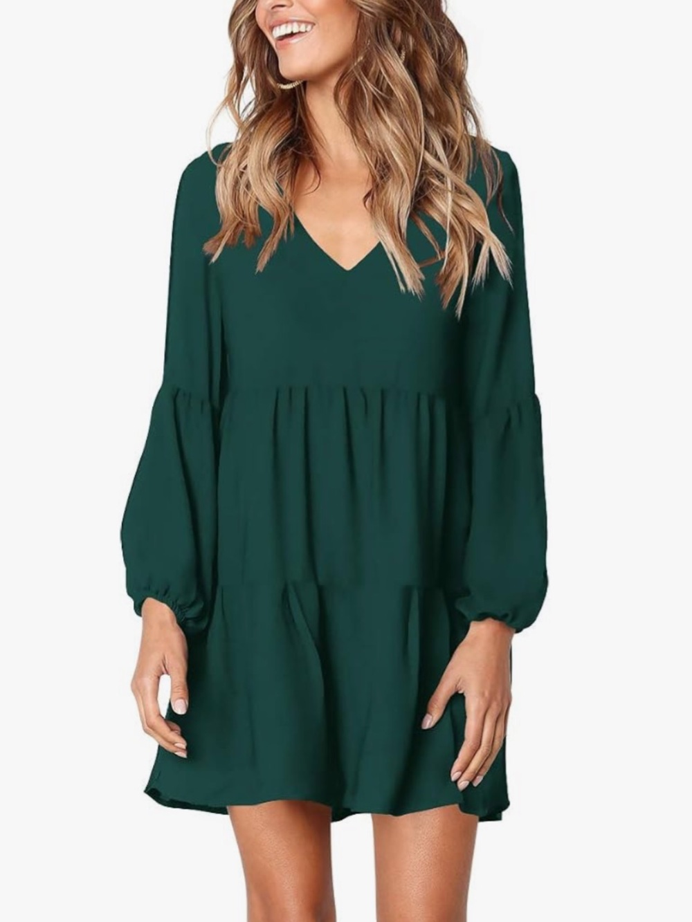 Amoretu Tunic Long Sleeve V-Neck Loose & Flowy Tiered Swing Dress In Dark Green